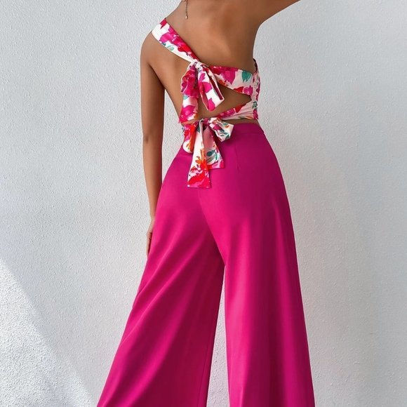 Pink Boho Womens Floral Print One Shoulder Top & Wide Leg Pants - Picture 2 of 5